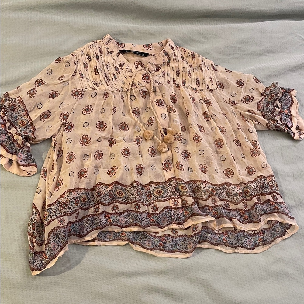 Zara Cream and Brown Floral Blouse